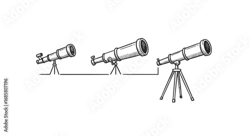 Vintage telescopes on tripods: hand-drawn sketch of astronomy instruments