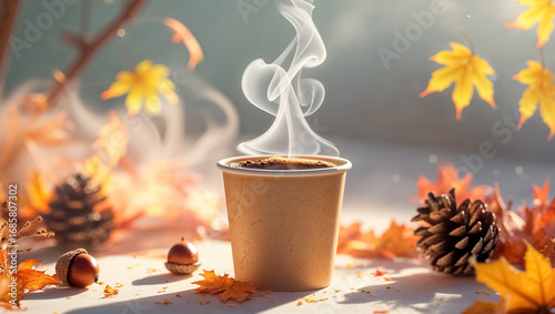 paper cup with hot coffee on the table autumn leaves are falling