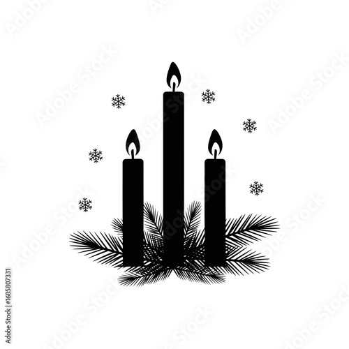 Vector art of three black candles with snowflakes and fir branches for christmas and new year decoration