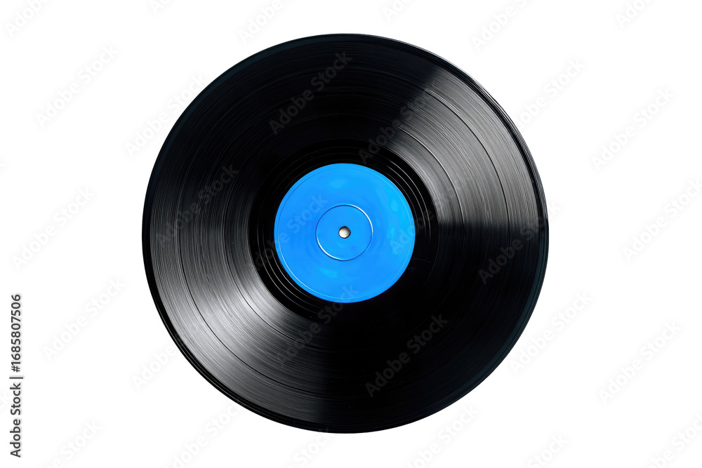Obraz premium Close-up of a black vinyl record with a vibrant blue label (4)