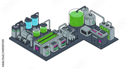 Industrial isometric bioreactor plant with modern equipment and green energy production