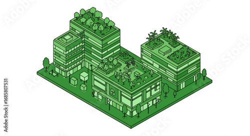 Modern sustainable architecture with green rooftops in isometric design
