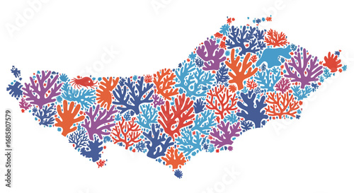 Colorful coral map of sicily filled with vibrant marine life silhouettes