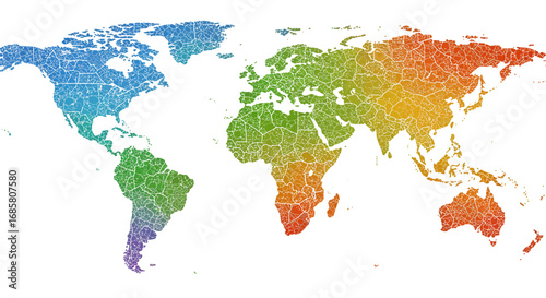 Colorful polygonal world map with rainbow gradient countries and textured borders