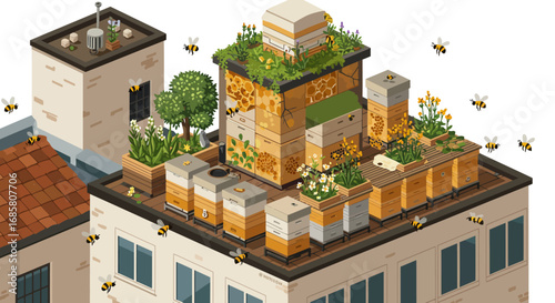 Urban rooftop beekeeping: lush garden with hives and bees in blooming cityscape
