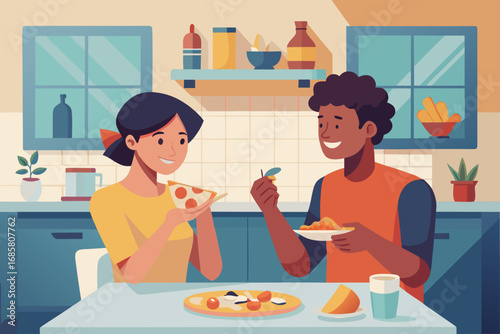 Girl and boy eating pizza together in a bright kitchen, having fun and laughing