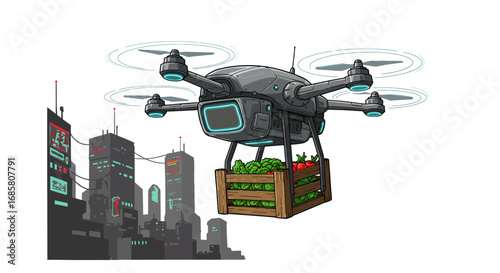 Futuristic urban food delivery drone with fresh produce in cyberpunk cityscape