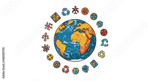 Colorful earth with eco icons surrounding globe showcasing environmental awareness