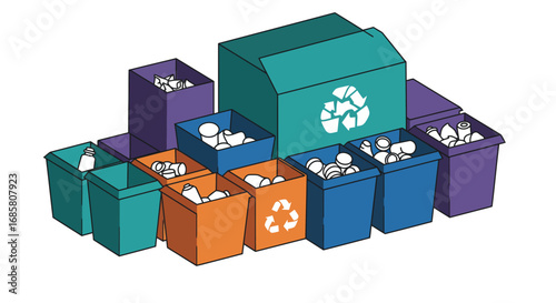 Colorful recycling bins with recyclable materials in isometric design