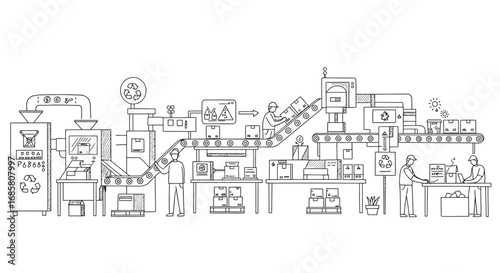 Linear factory assembly line for eco-friendly packaging and recycling
