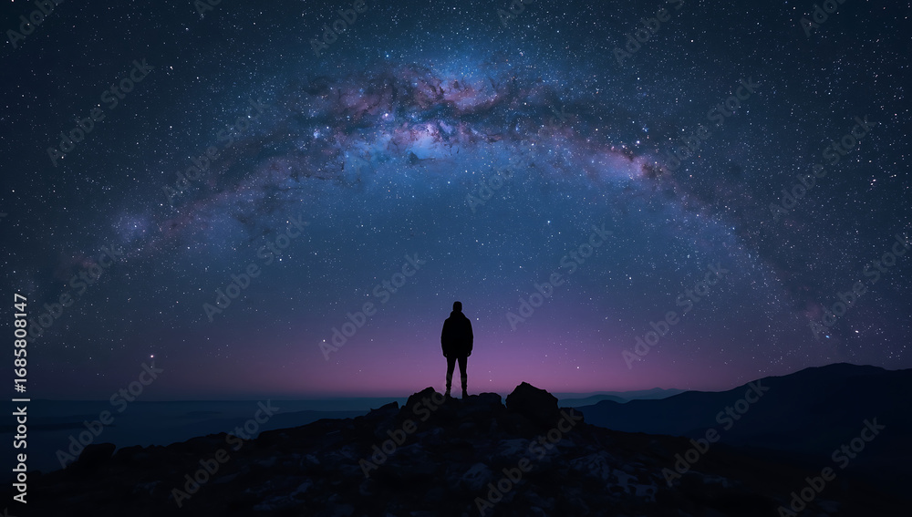 Fototapeta premium Silhouette Person Stargazing Milky Way (AI Generated)