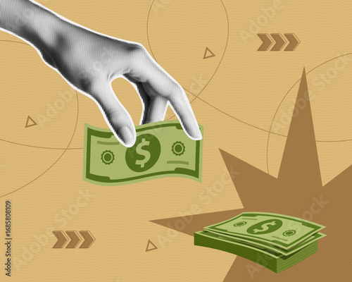 Halftone collage of hand holding dollar bill with money stack symbolizing finance, investment, savings, payment, economy, banking, cash flow, profit and financial growth concept