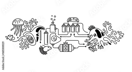 Underwater linear aquarium system with coral and marine life in black and white
