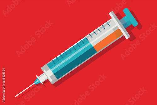 Detailed illustration of a syringe on a bright red background showcasing a medical theme