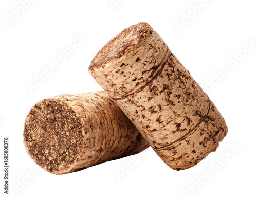 Two wine corks, light brown, slightly textured, overlapping, isolated on black background