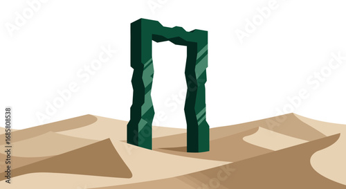 Abstract portal sculpture in the desert with sand dunes