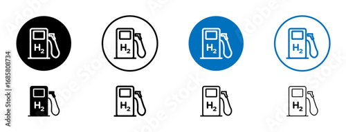hydrogen fuel pump icons set in black and blue colors on white background