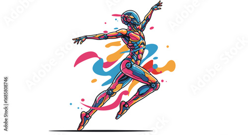 Futuristic abstract robot dancing with colorful fluid motion on white background