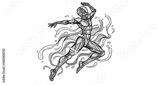 Futuristic human robot dancing in dynamic pose with fluid lines