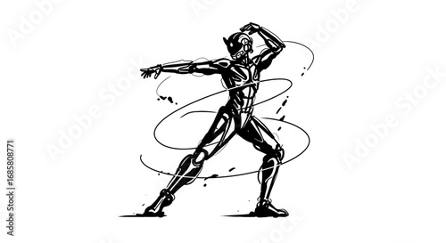Futuristic robot in dynamic pose with artistic movement flow