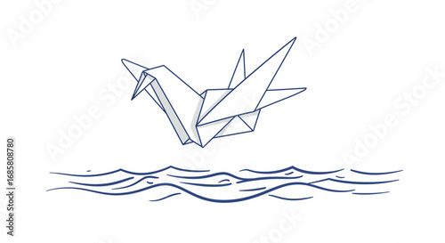 Origami crane soaring over waves in minimalist line art style