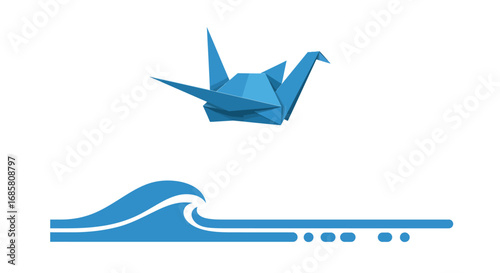 Origami crane and ocean wave in minimalistic blue design