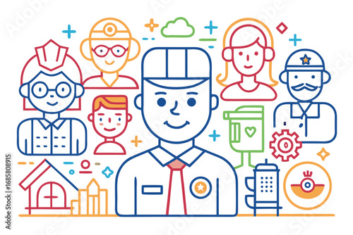 Diverse community characters representing various roles and professions in a colorful illustration