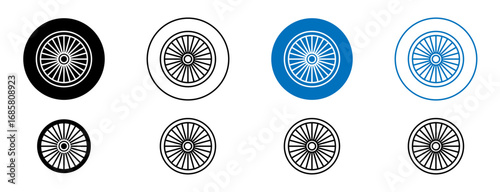 car hubcap icons set in black and blue colors on white background
