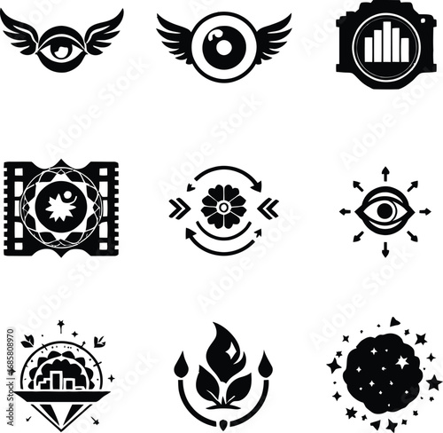A collection of nine unique black and white icons arranged in a three by three grid pattern
