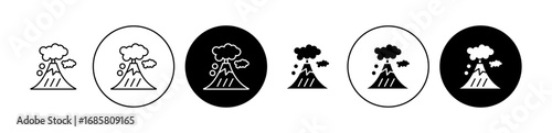 Volcano eruption icons set in black and blue colors on white background