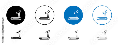 Treadmill icons set in black and blue colors on white background