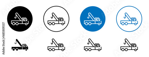 Tow truck icons set in black and blue colors on white background