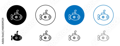 Submarine icons set in black and blue colors on white background