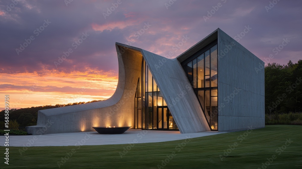 Fototapeta premium Modern architectural design of a concrete structure against a colorful sunset in a serene landscape