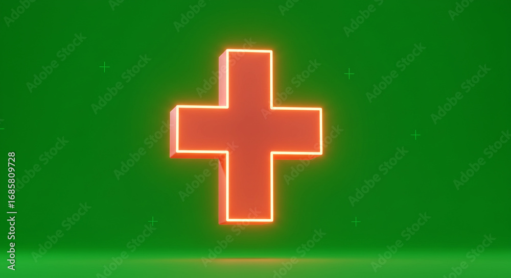 Fototapeta premium Vibrant neon plus sign glows brightly on a clean green background symbolizing health and positivity