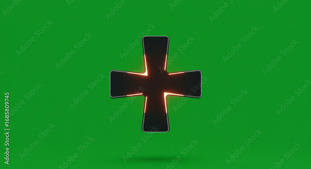 Obraz premium Modern glowing cross symbol with vibrant neon orange light on a clean green background