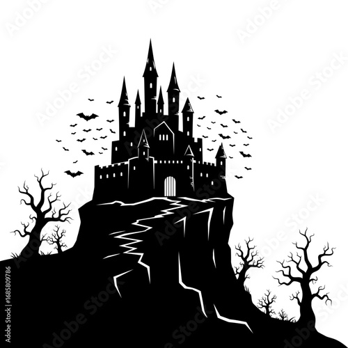 Vector art of silhouette of a spooky castle on a hill with bats flying around