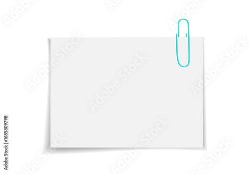 Vector notepaper with colorful paper clip. White empty page template for message, note, or reminder design. Flat illustration isolated.