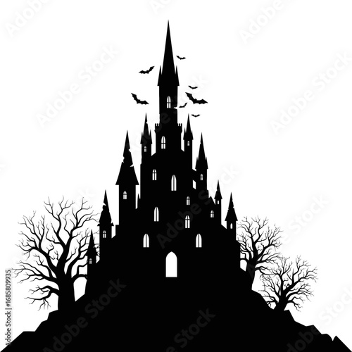 Vector art of silhouette of a spooky gothic castle with bats flying around