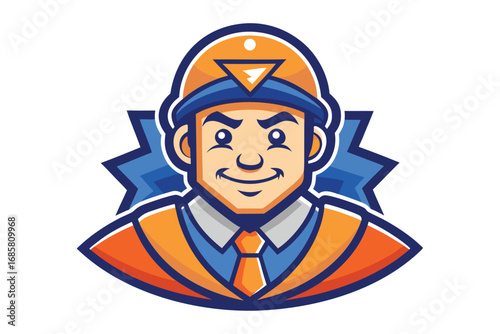Cartoon character wearing construction helmet and orange uniform with confident expression