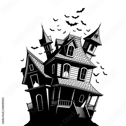 Vector art of spooky haunted house with bats flying out of the chimneys, halloween vector illustration