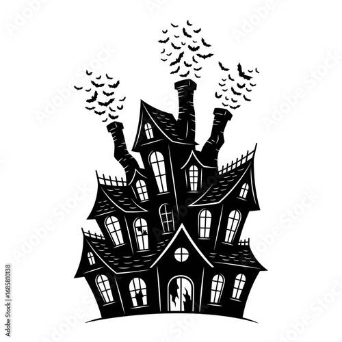 Vector art of spooky haunted house with bats flying out of the chimneys, halloween vector illustration