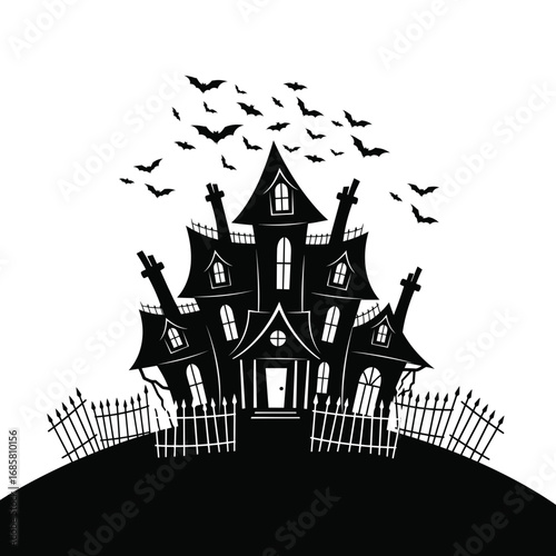 Vector art of spooky haunted house with bats flying out of the chimneys, halloween vector illustration