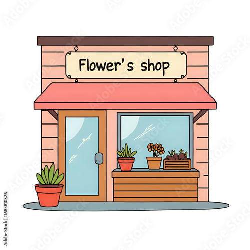 Charming Flower Shop Exterior: Illustration of a Pastel Pink Building with Plants, Perfect for Branding, Websites, and Floral Business Marketing Materials