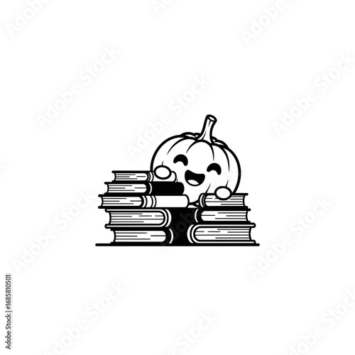 Vector art of cute halloween pumpkin on stack of books for coloring book page or print design and halloween decoration