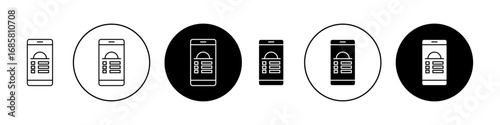 Mobile food ordering icons set in black and blue colors on white background