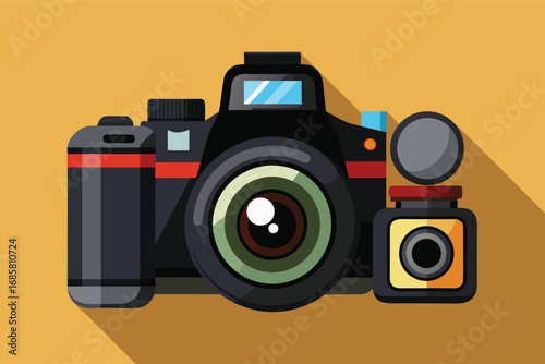 Colorful camera and accessories on a vibrant background for photography enthusiasts