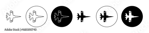 Military aircraft icons set in black and blue colors on white background
