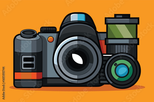 Modern digital camera with vibrant color design on bright background