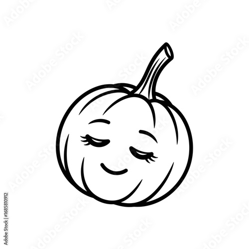 Vector art of charming pumpkin with closed eyes and a gentle smile, a sweet and serene autumn illustration
